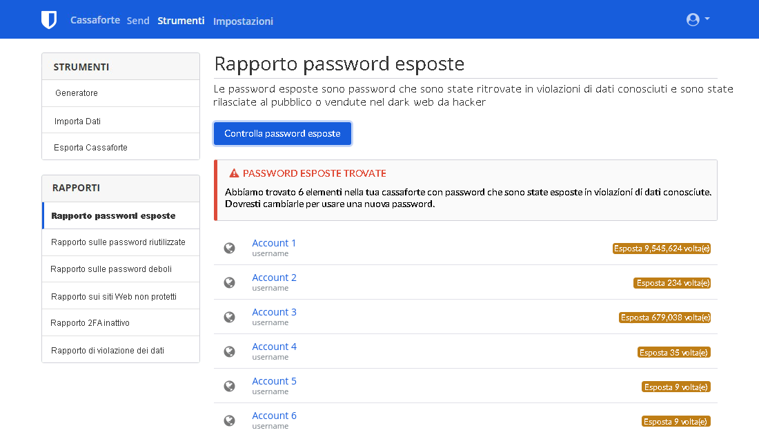 Funzionalità di Rapporto sulle Violazioni dei Dati di Bitwarden